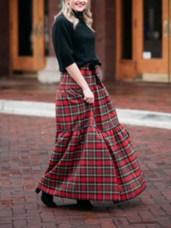 J. CREW Plaid Maxi Skirt Medium Red Plaid Ruffle Tiers Wool Blend Holiday NWT - Picture 11 of 12